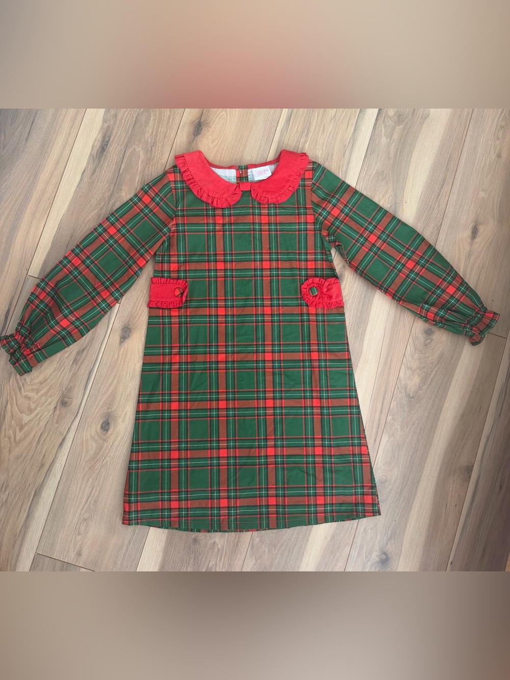 Stitchy Fish Red & Green Tartan Dress with Ruffle Collar